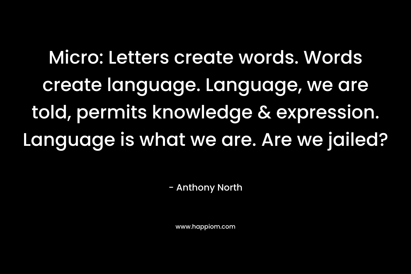 Micro: Letters create words. Words create language. Language, we are told, permits knowledge & expression. Language is what we are. Are we jailed? – Anthony   North