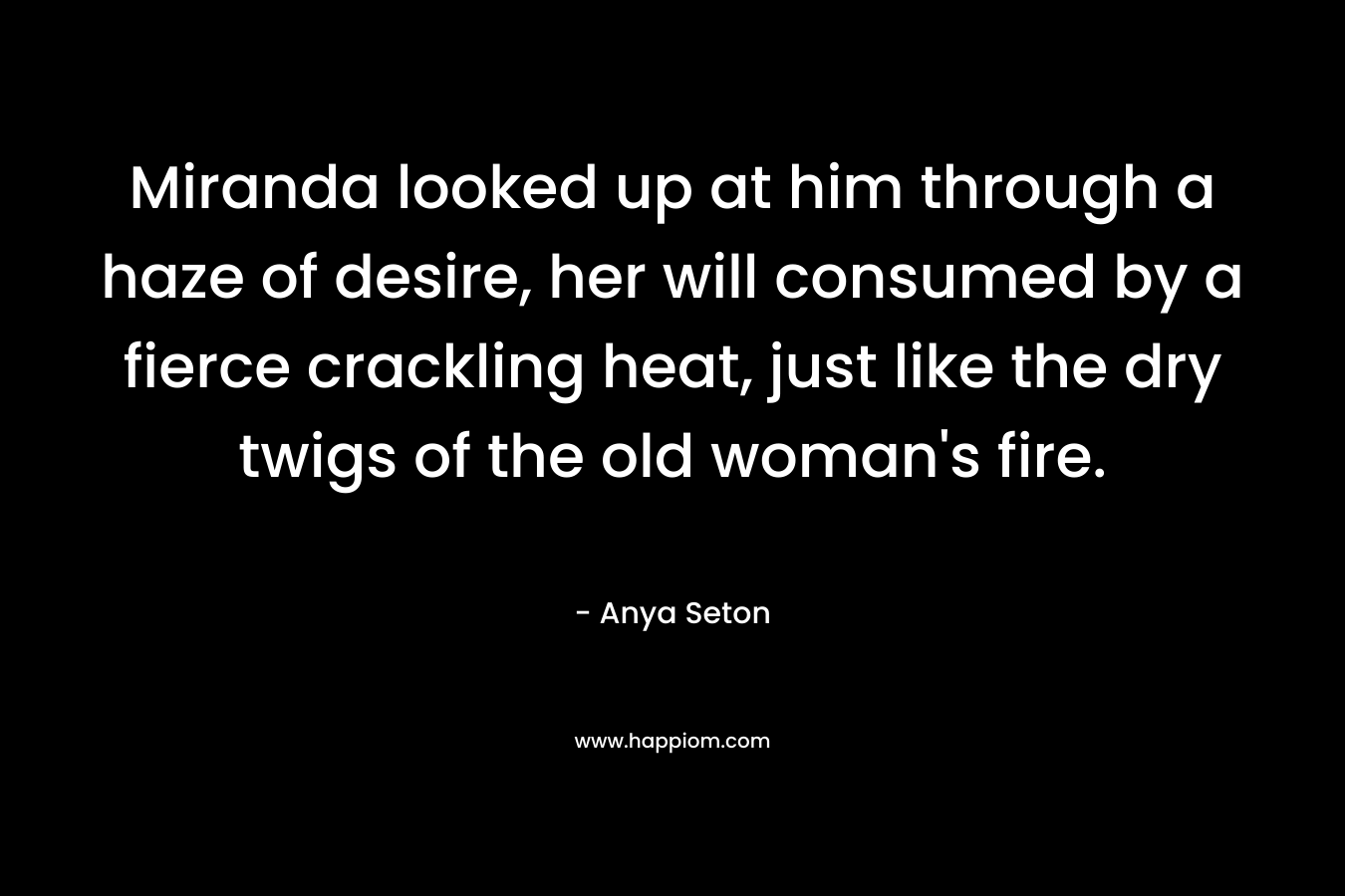 Miranda looked up at him through a haze of desire, her will consumed by a fierce crackling heat, just like the dry twigs of the old woman's fire.