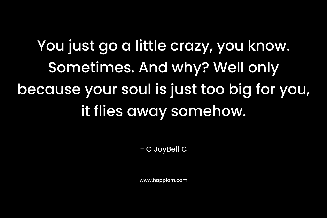 You just go a little crazy, you know. Sometimes. And why? Well only because your soul is just too big for you, it flies away somehow. – C JoyBell C