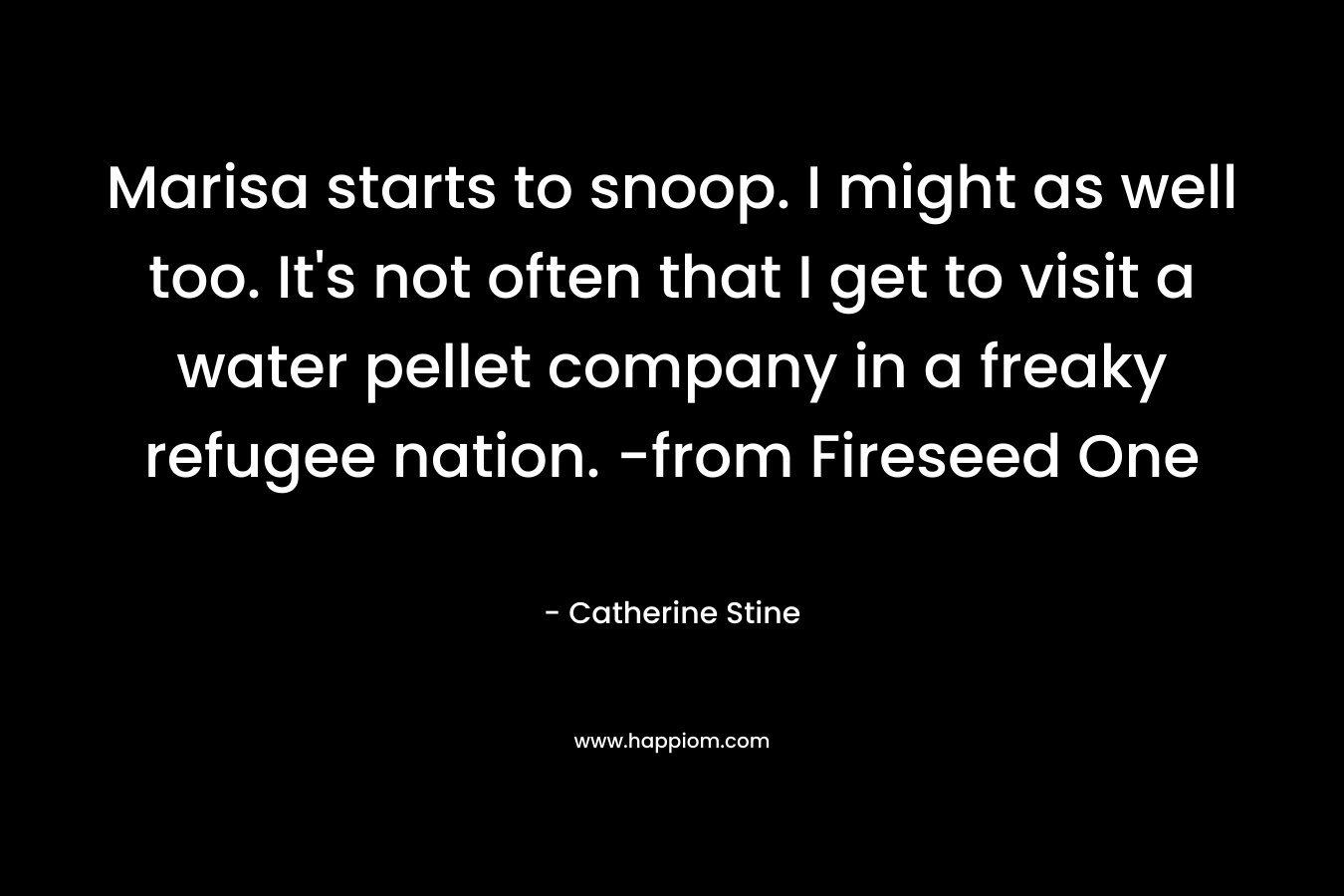 Marisa starts to snoop. I might as well too. It’s not often that I get to visit a water pellet company in a freaky refugee nation. -from Fireseed One – Catherine Stine