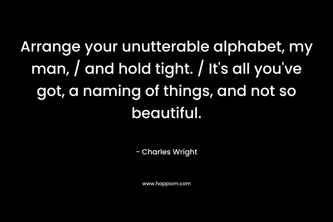 Arrange your unutterable alphabet, my man, / and hold tight. / It’s all you’ve got, a naming of things, and not so beautiful. – Charles Wright