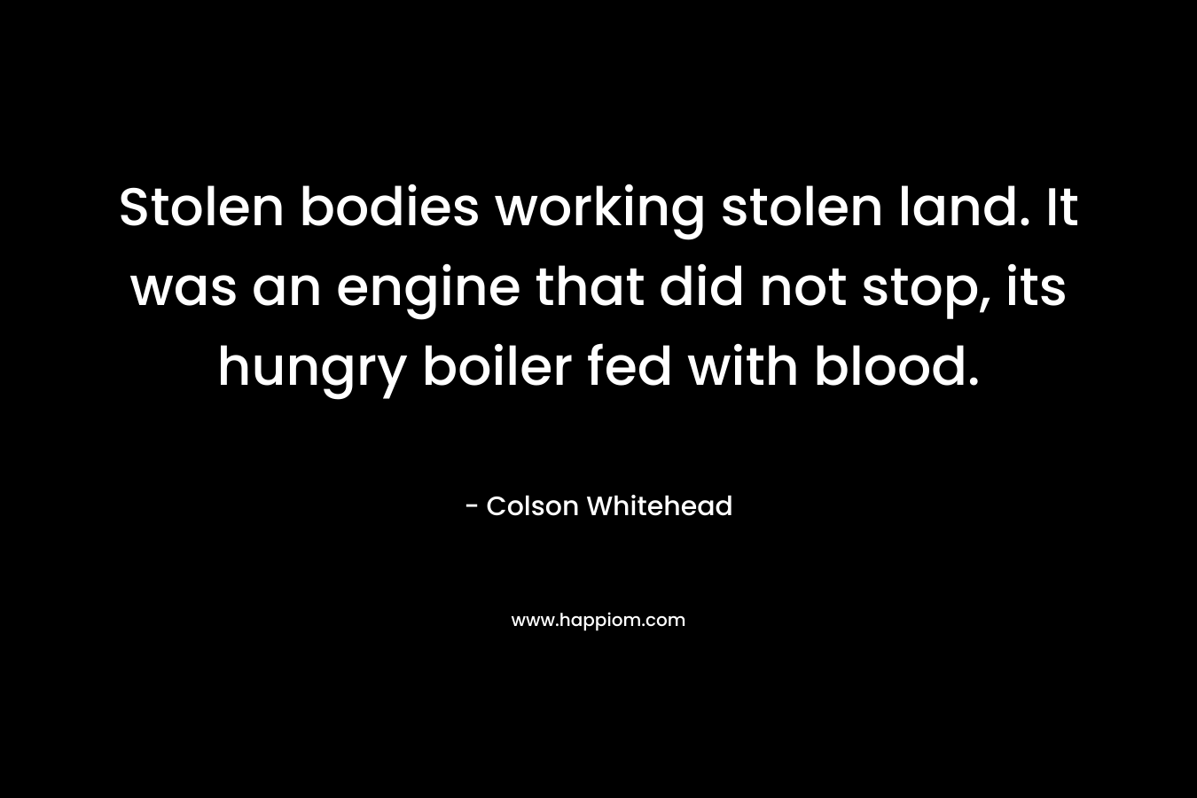 Stolen bodies working stolen land. It was an engine that did not stop, its hungry boiler fed with blood. – Colson Whitehead