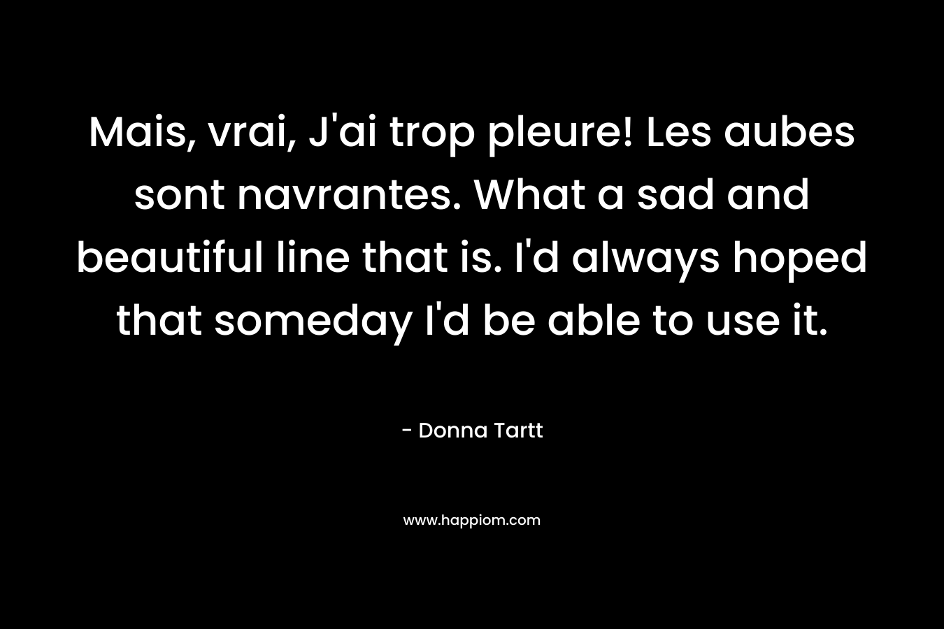 Mais, vrai, J’ai trop pleure! Les aubes sont navrantes. What a sad and beautiful line that is. I’d always hoped that someday I’d be able to use it. – Donna Tartt