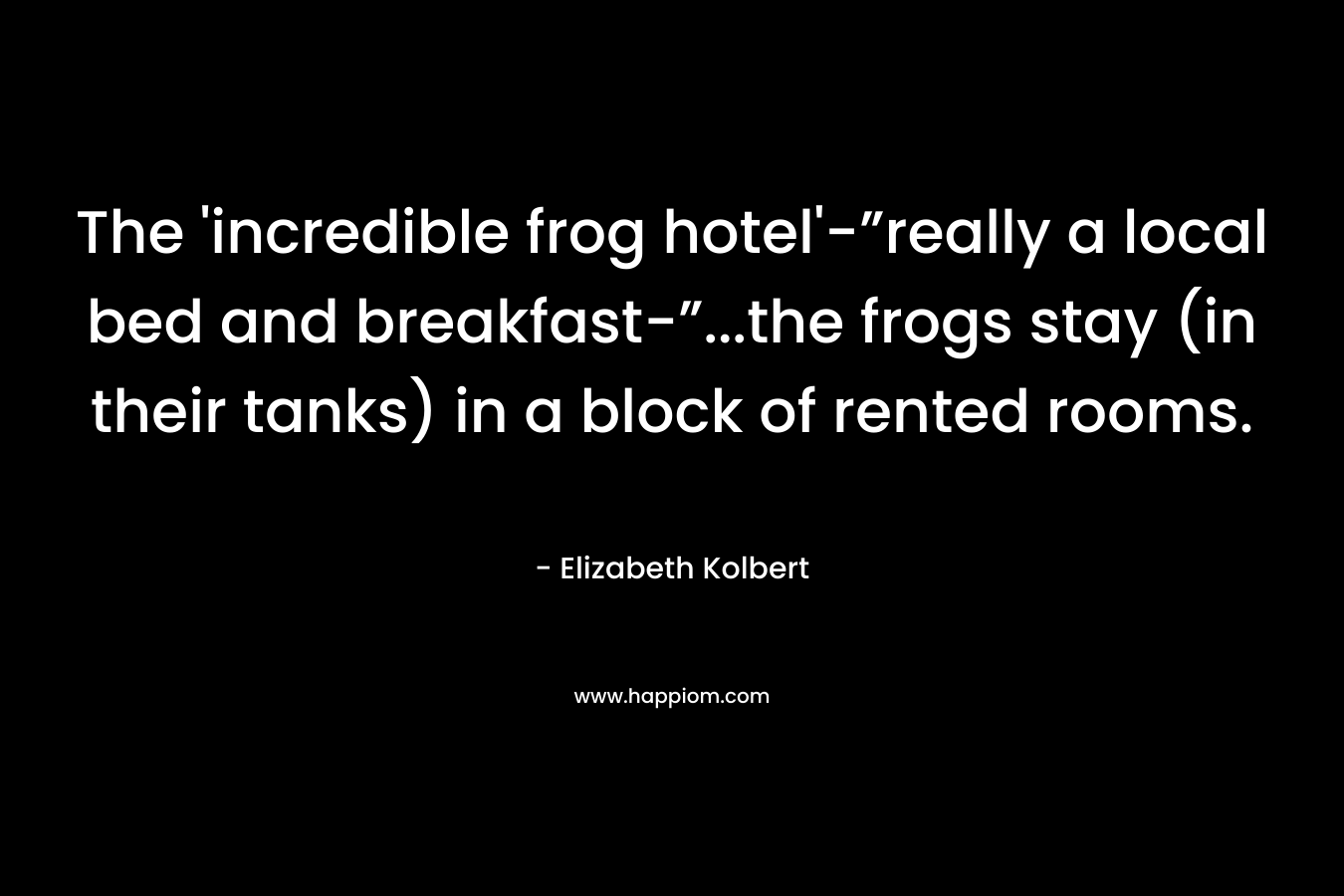 The ‘incredible frog hotel’-”really a local bed and breakfast-”…the frogs stay (in their tanks) in a block of rented rooms. – Elizabeth Kolbert