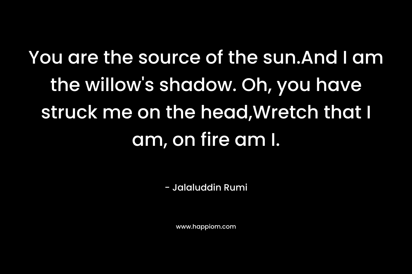 You are the source of the sun.And I am the willow’s shadow. Oh, you have struck me on the head,Wretch that I am, on fire am I. – Jalaluddin Rumi