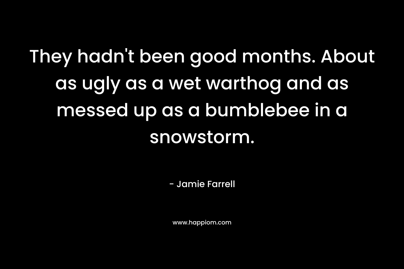They hadn’t been good months. About as ugly as a wet warthog and as messed up as a bumblebee in a snowstorm. – Jamie Farrell
