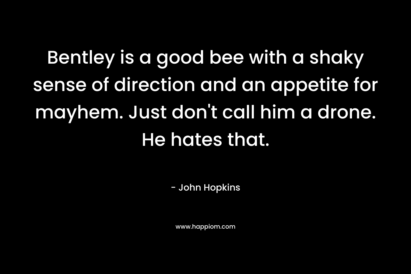 Bentley is a good bee with a shaky sense of direction and an appetite for mayhem. Just don’t call him a drone. He hates that. – John    Hopkins