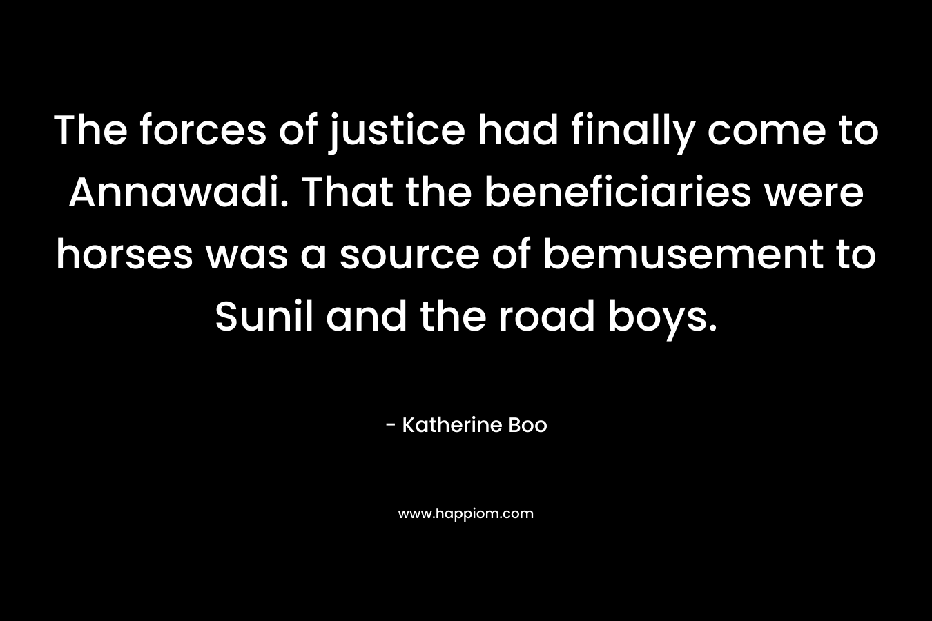 The forces of justice had finally come to Annawadi. That the beneficiaries were horses was a source of bemusement to Sunil and the road boys. – Katherine Boo