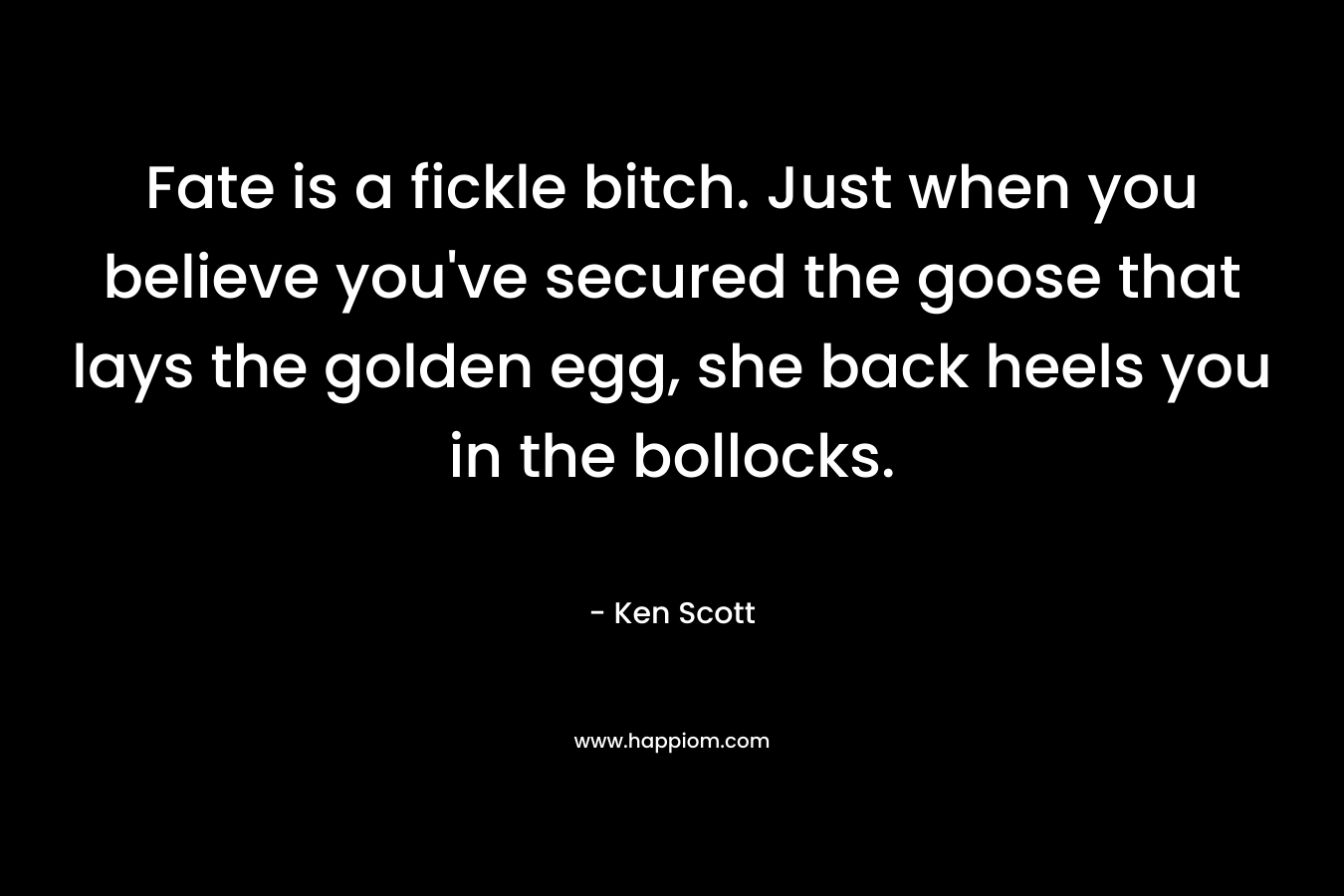 Fate is a fickle bitch. Just when you believe you’ve secured the goose that lays the golden egg, she back heels you in the bollocks. – Ken Scott