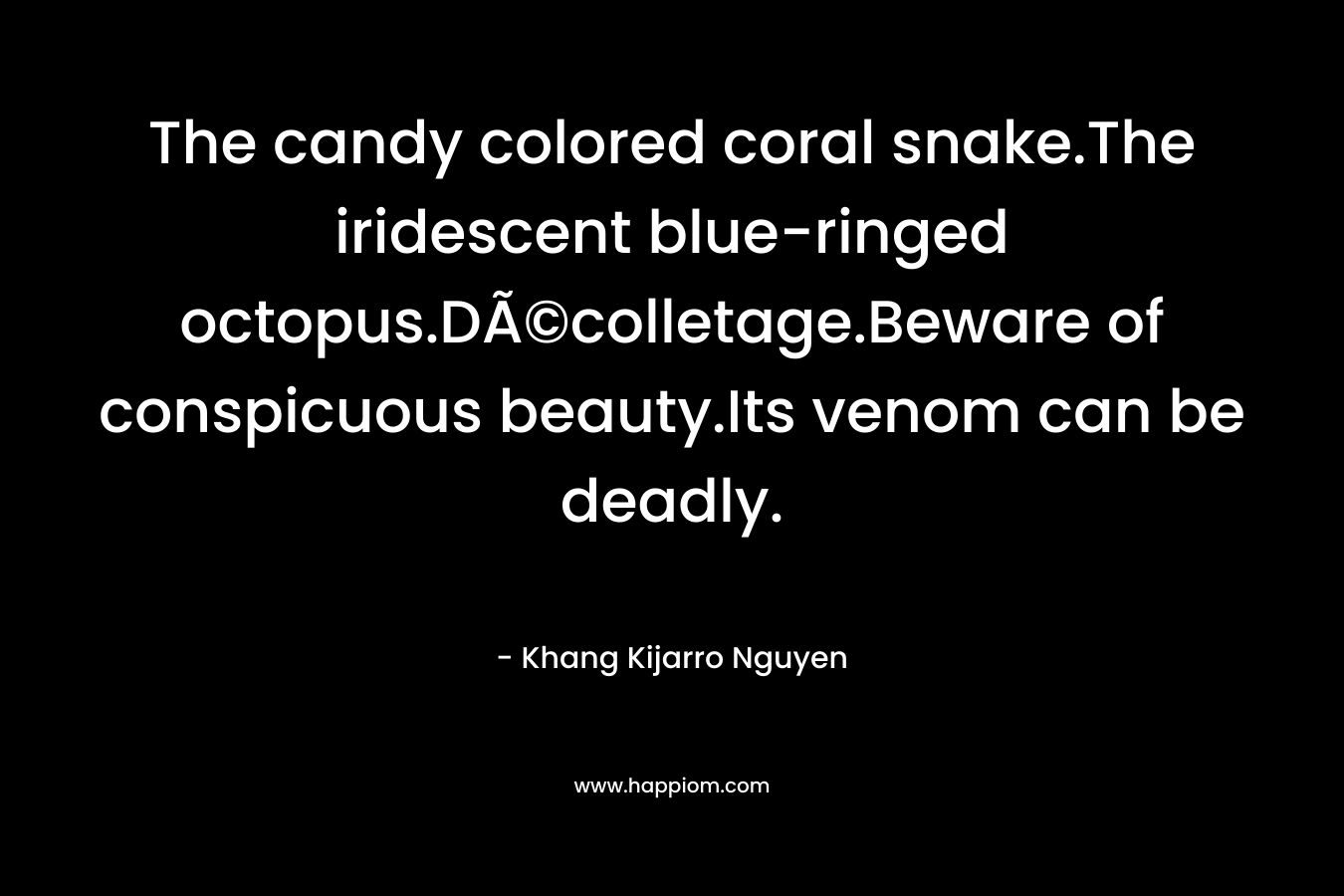 The candy colored coral snake.The iridescent blue-ringed octopus.DÃ©colletage.Beware of conspicuous beauty.Its venom can be deadly. – Khang Kijarro Nguyen