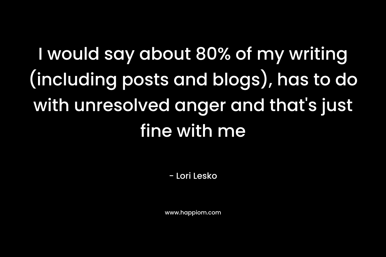 I would say about 80% of my writing (including posts and blogs), has to do with unresolved anger and that’s just fine with me – Lori Lesko