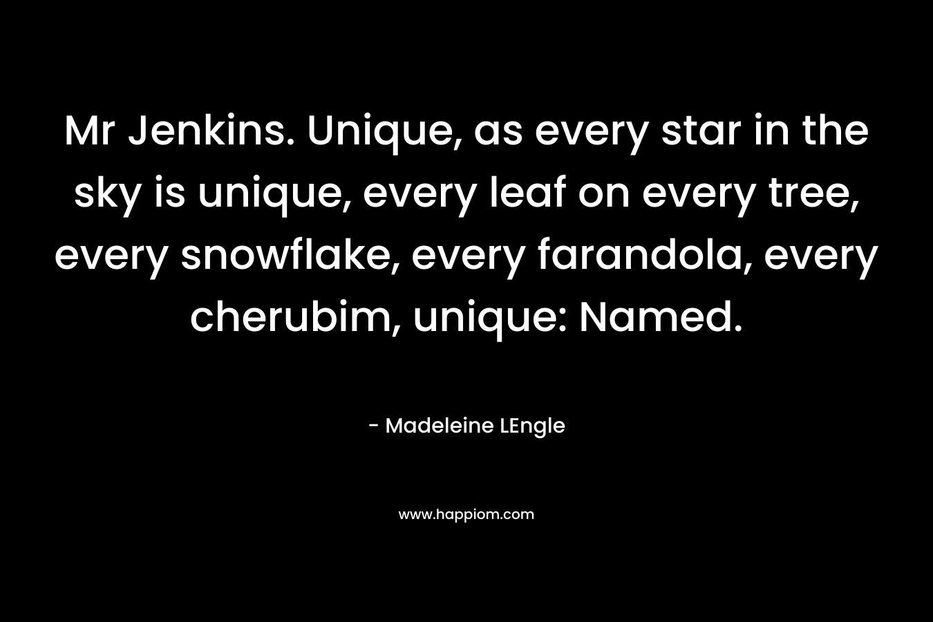 Mr Jenkins. Unique, as every star in the sky is unique, every leaf on every tree, every snowflake, every farandola, every cherubim, unique: Named.