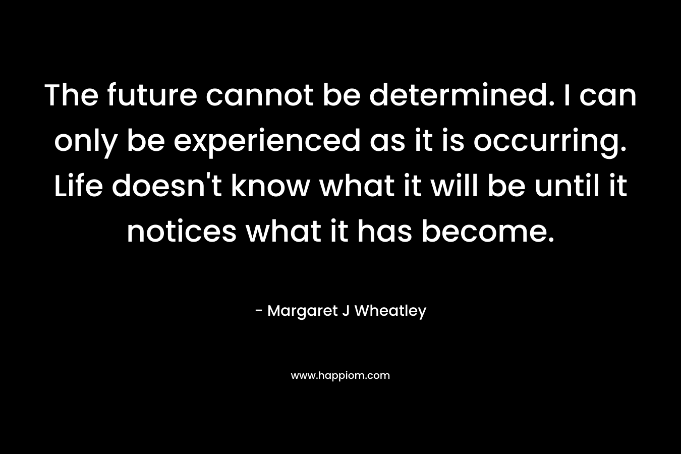 The future cannot be determined. I can only be experienced as it is occurring. Life doesn’t know what it will be until it notices what it has become. – Margaret J Wheatley