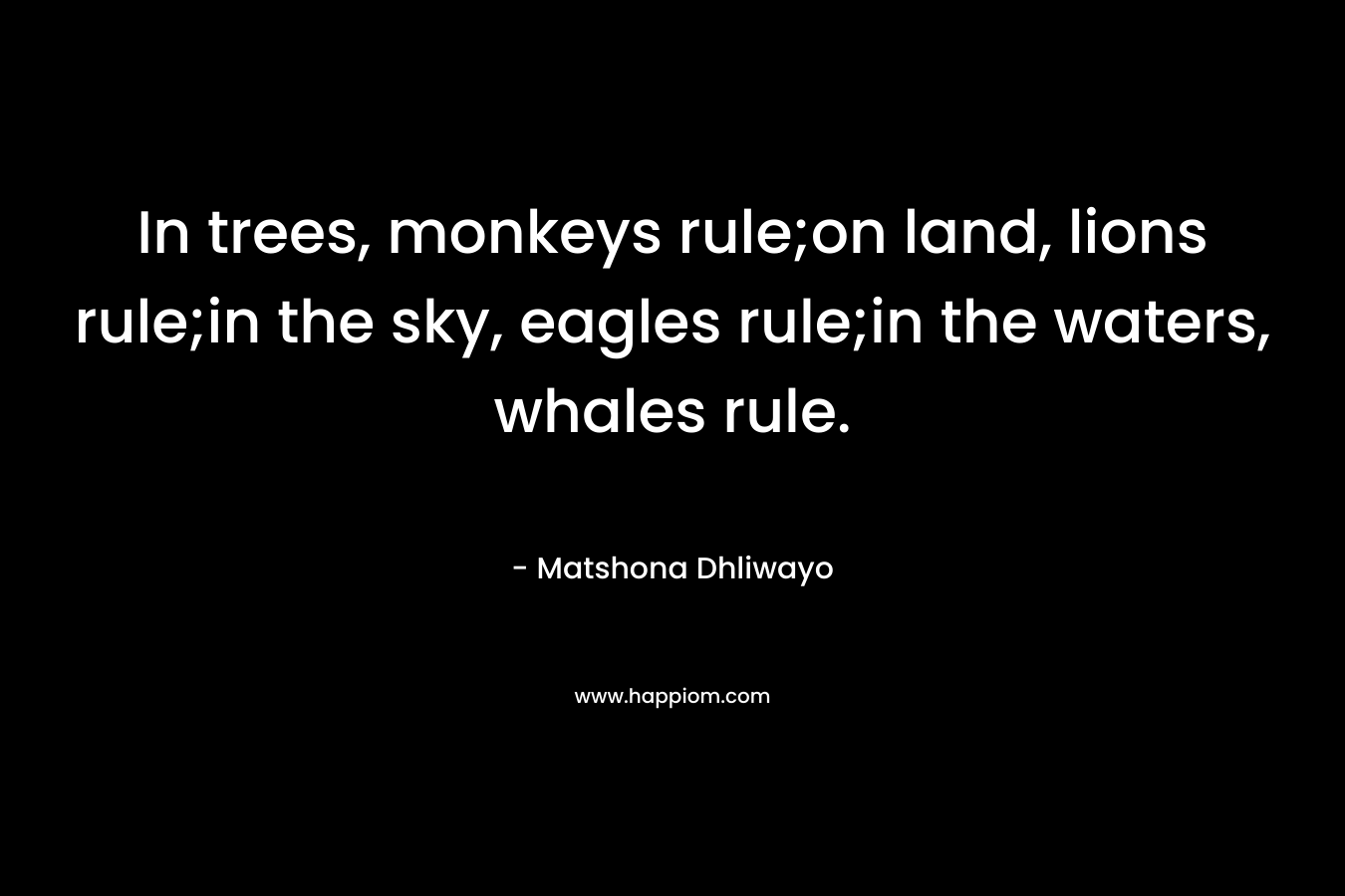 In trees, monkeys rule;on land, lions rule;in the sky, eagles rule;in the waters, whales rule.