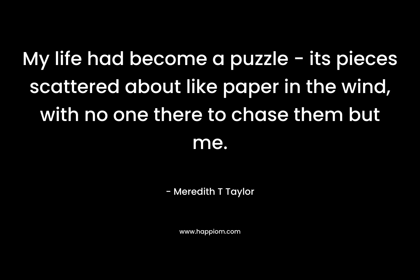 My life had become a puzzle – its pieces scattered about like paper in the wind, with no one there to chase them but me. – Meredith T Taylor