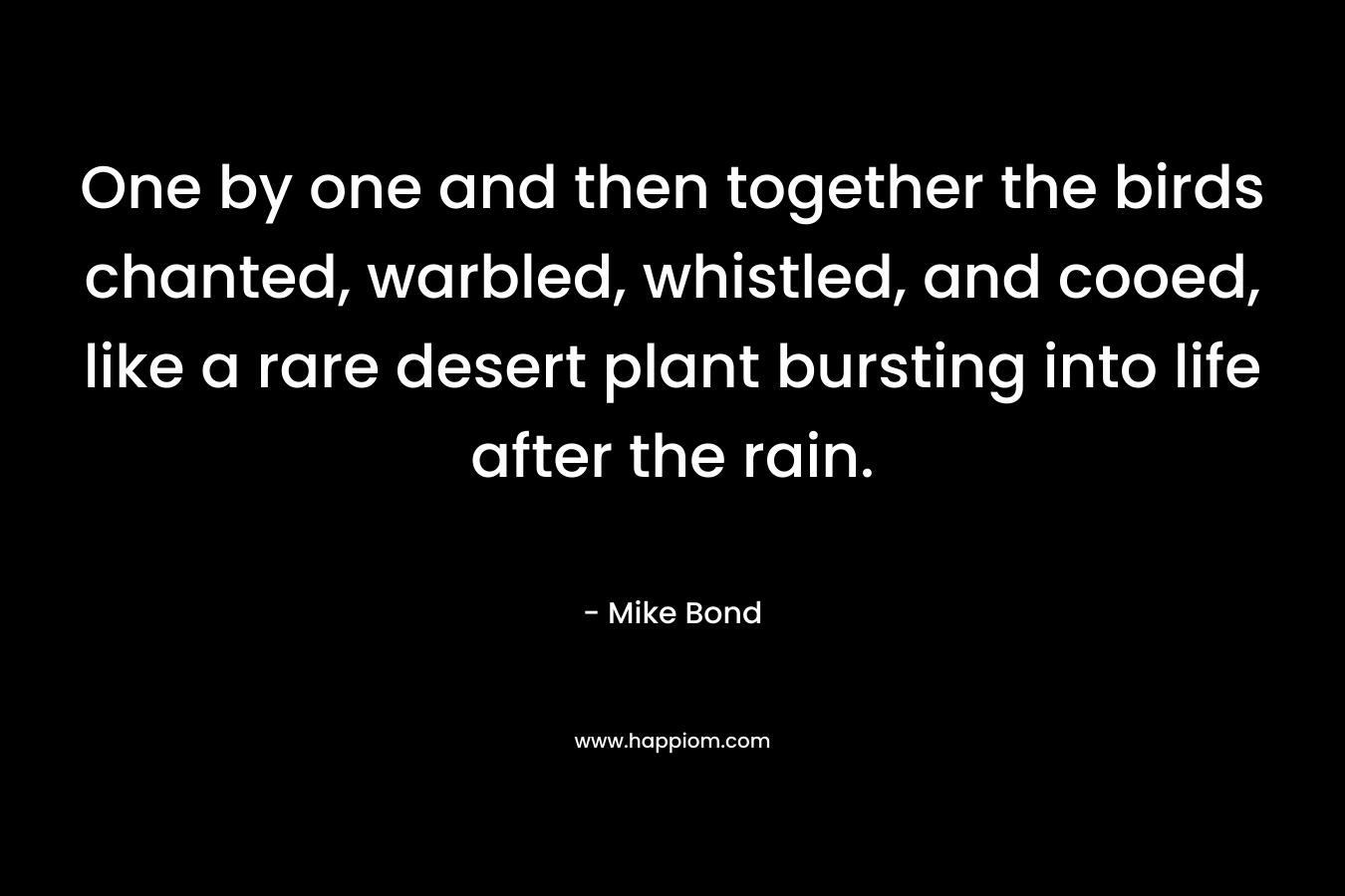 One by one and then together the birds chanted, warbled, whistled, and cooed, like a rare desert plant bursting into life after the rain. – Mike Bond