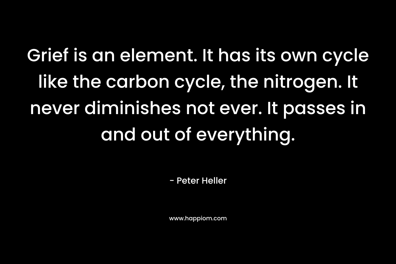 Grief is an element. It has its own cycle like the carbon cycle, the nitrogen. It never diminishes not ever. It passes in and out of everything. – Peter Heller