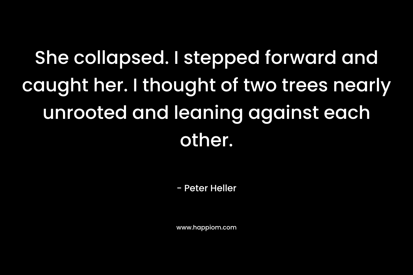 She collapsed. I stepped forward and caught her. I thought of two trees nearly unrooted and leaning against each other. – Peter Heller