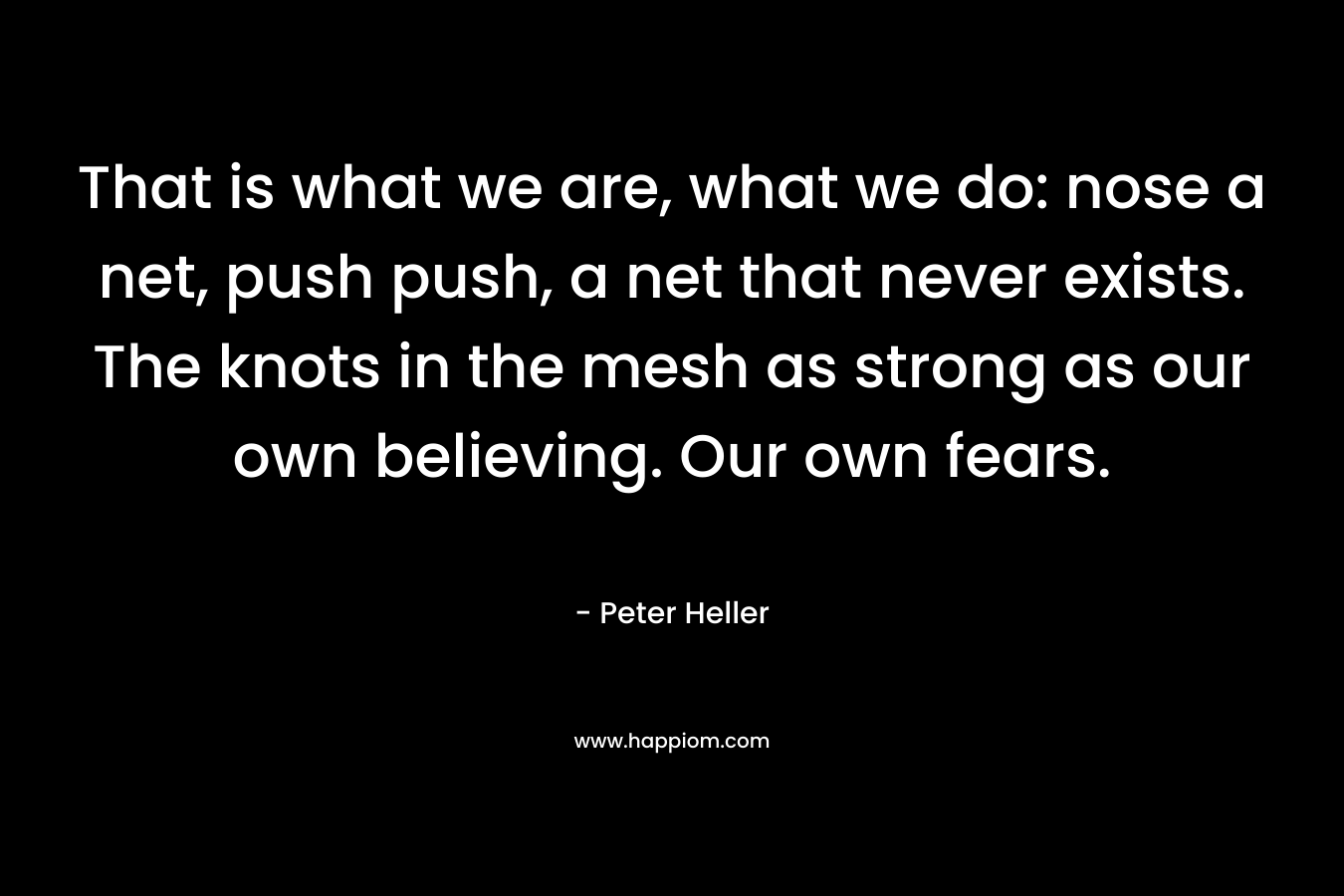 That is what we are, what we do: nose a net, push push, a net that never exists. The knots in the mesh as strong as our own believing. Our own fears. – Peter Heller