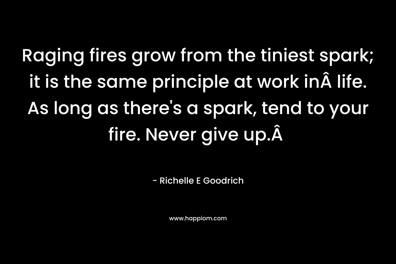 Raging fires grow from the tiniest spark; it is the same principle at work inÂ life. As long as there’s a spark, tend to your fire. Never give up.Â  – Richelle E Goodrich