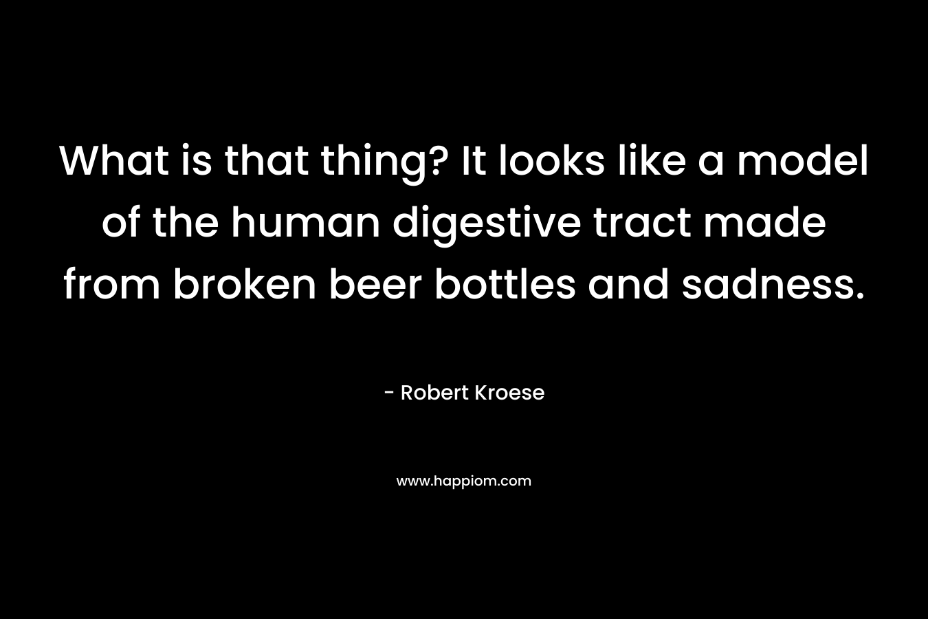 What is that thing? It looks like a model of the human digestive tract made from broken beer bottles and sadness. – Robert Kroese