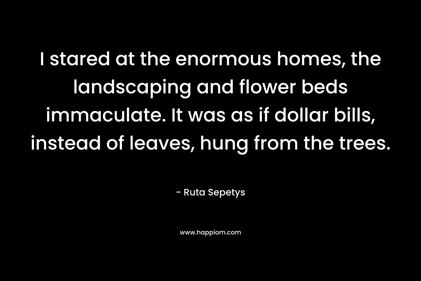 I stared at the enormous homes, the landscaping and flower beds immaculate. It was as if dollar bills, instead of leaves, hung from the trees.