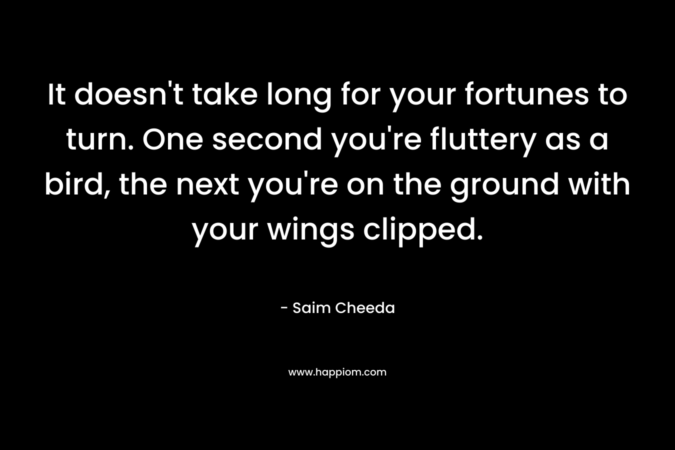 It doesn’t take long for your fortunes to turn. One second you’re fluttery as a bird, the next you’re on the ground with your wings clipped. – Saim Cheeda