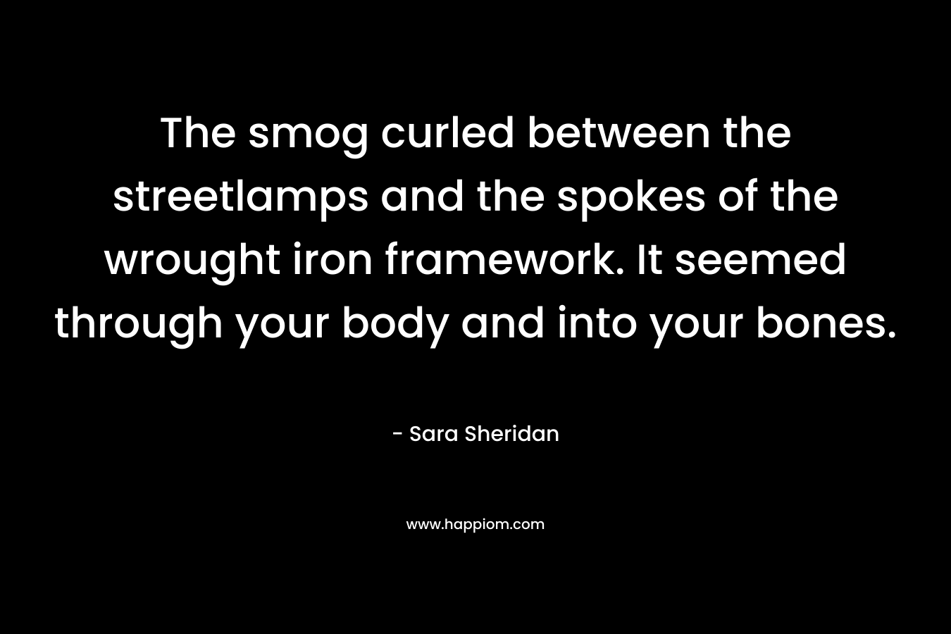The smog curled between the streetlamps and the spokes of the wrought iron framework. It seemed through your body and into your bones. – Sara Sheridan