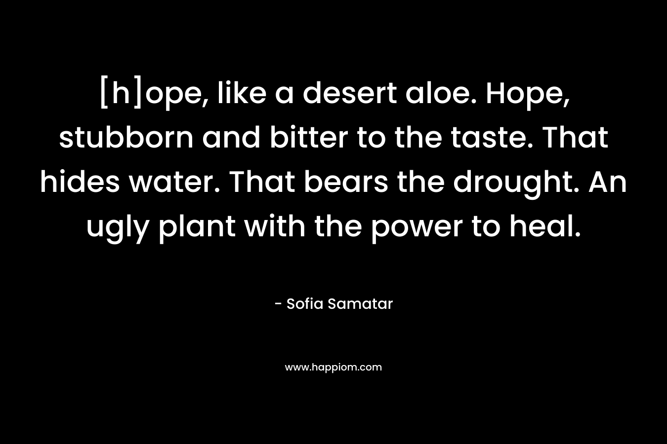 [h]ope, like a desert aloe. Hope, stubborn and bitter to the taste. That hides water. That bears the drought. An ugly plant with the power to heal. – Sofia Samatar