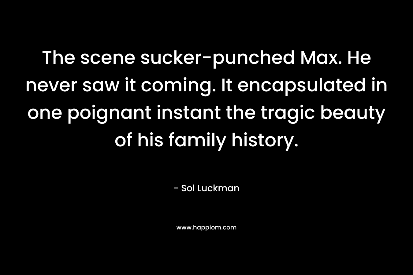 The scene sucker-punched Max. He never saw it coming. It encapsulated in one poignant instant the tragic beauty of his family history. – Sol Luckman