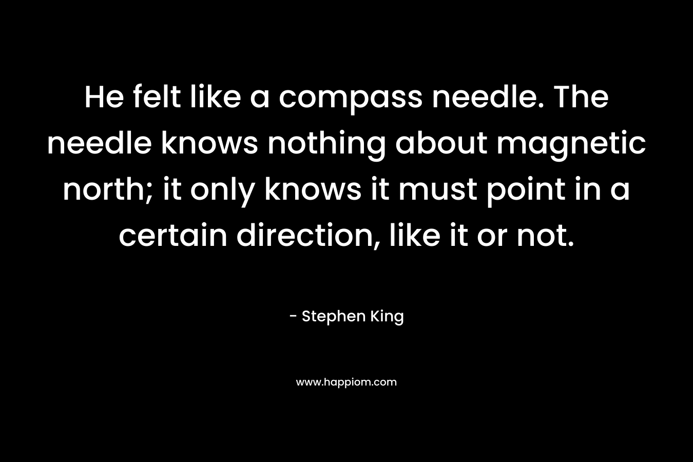 He felt like a compass needle. The needle knows nothing about magnetic north; it only knows it must point in a certain direction, like it or not.