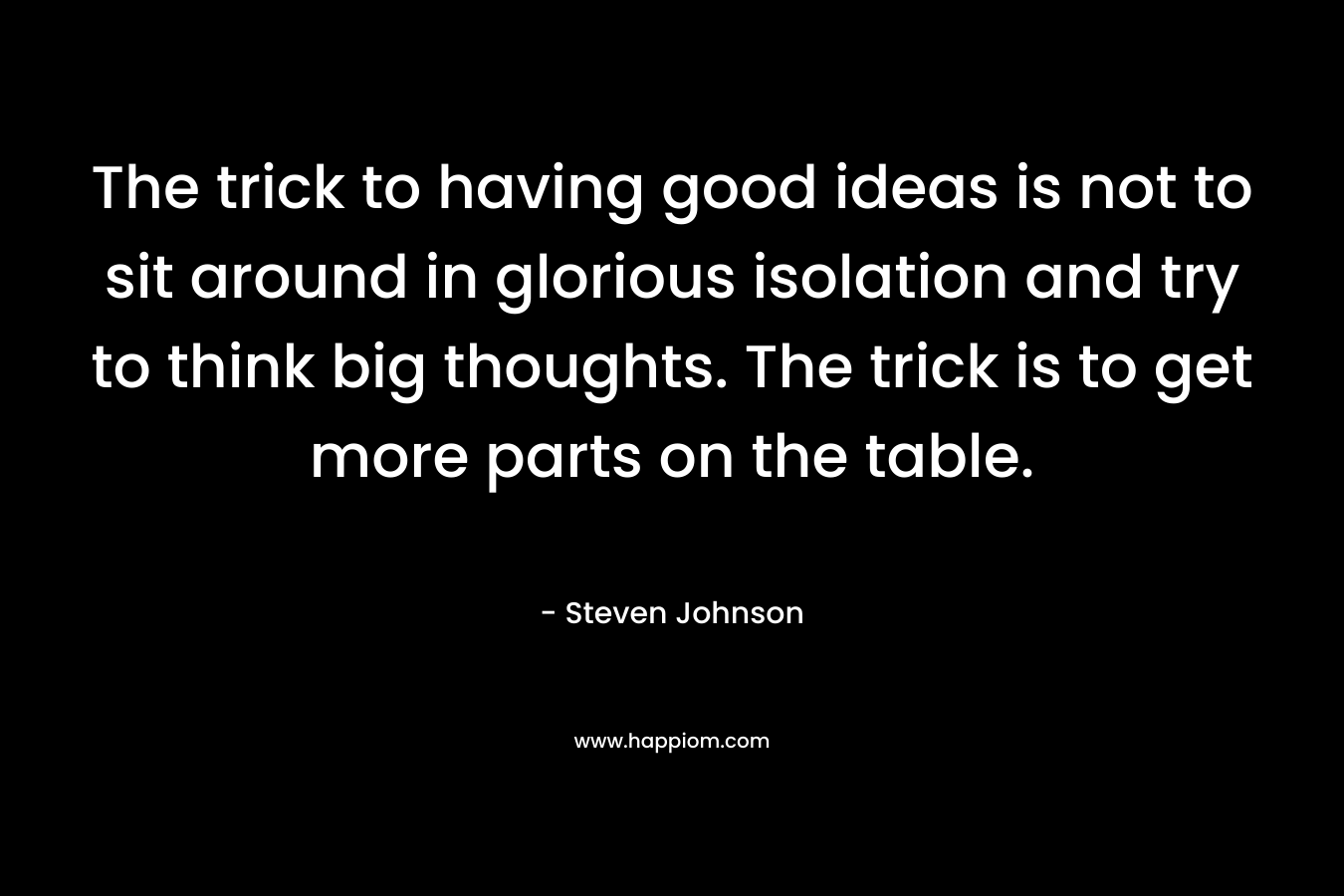 The trick to having good ideas is not to sit around in glorious isolation and try to think big thoughts. The trick is to get more parts on the table. – Steven Johnson