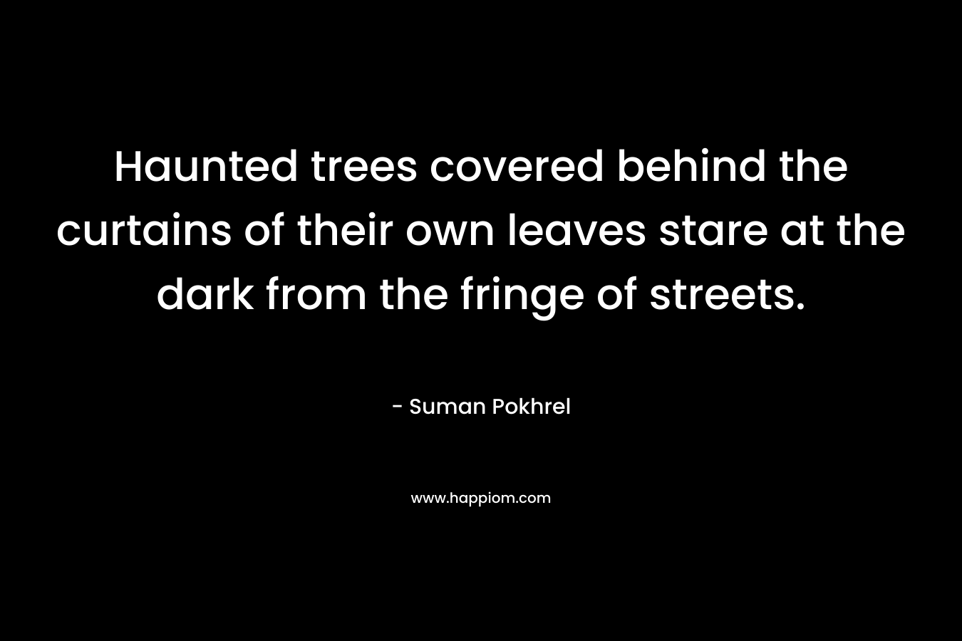 Haunted trees covered behind the curtains of their own leaves stare at the dark from the fringe of streets. – Suman Pokhrel