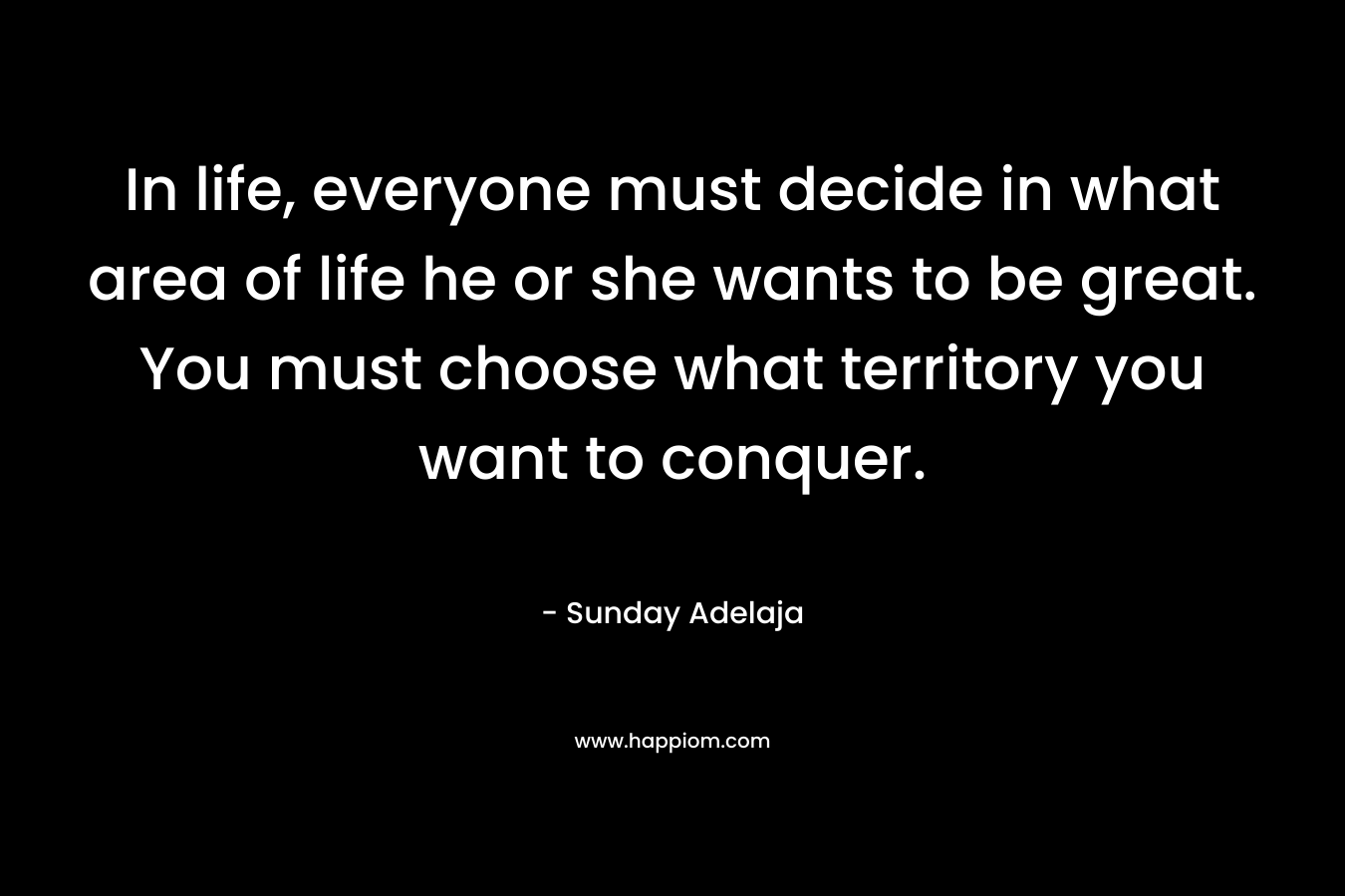 In life, everyone must decide in what area of life he or she wants to be great. You must choose what territory you want to conquer.