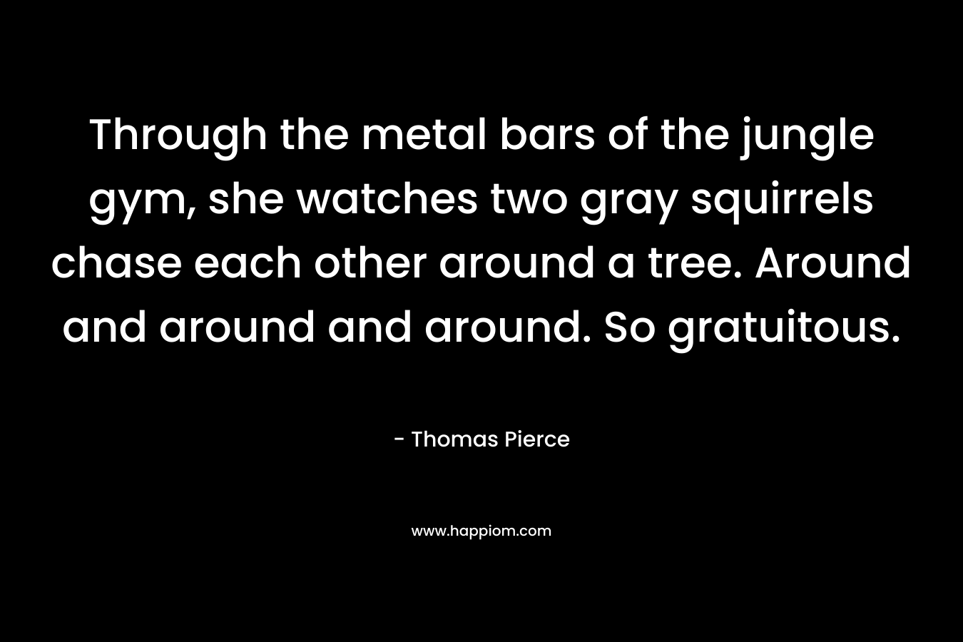 Through the metal bars of the jungle gym, she watches two gray squirrels chase each other around a tree. Around and around and around. So gratuitous. – Thomas Pierce