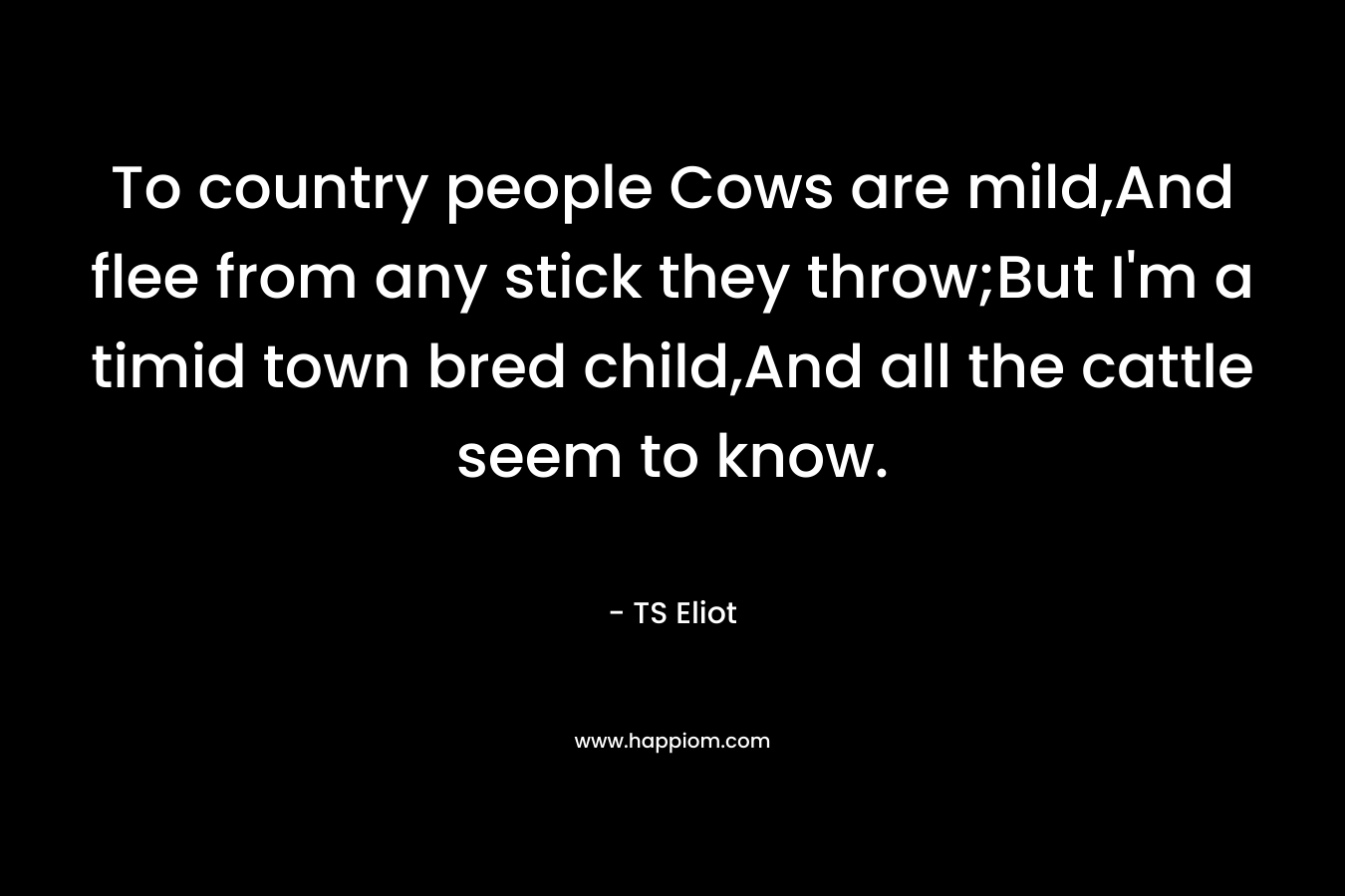 To country people Cows are mild,And flee from any stick they throw;But I’m a timid town bred child,And all the cattle seem to know. – TS Eliot