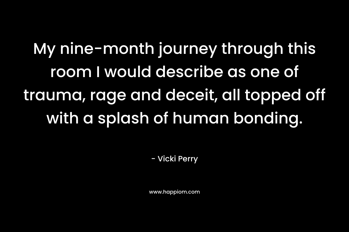 My nine-month journey through this room I would describe as one of trauma, rage and deceit, all topped off with a splash of human bonding. – Vicki Perry