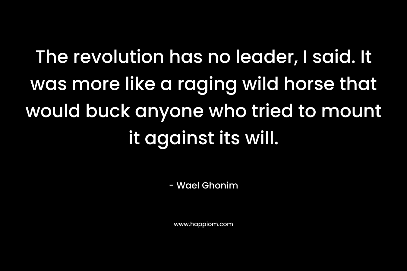 The revolution has no leader, I said. It was more like a raging wild horse that would buck anyone who tried to mount it against its will. – Wael Ghonim