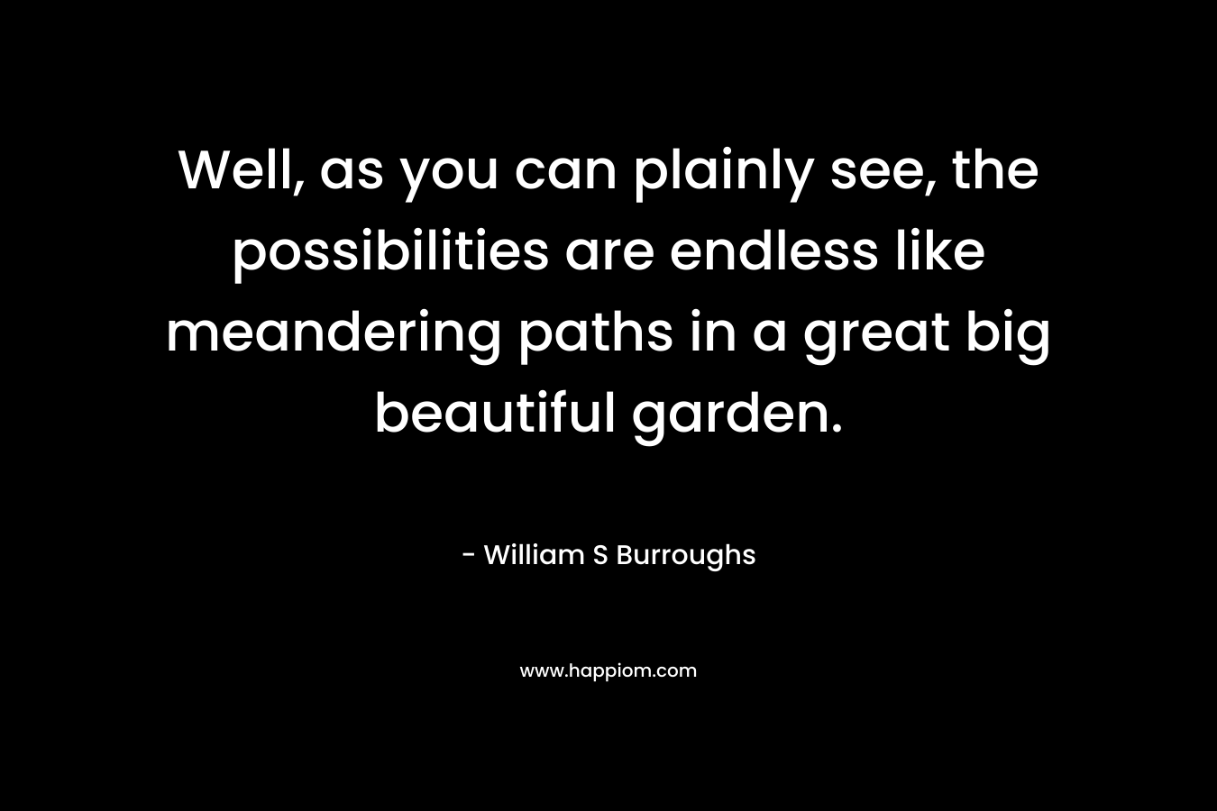 Well, as you can plainly see, the possibilities are endless like meandering paths in a great big beautiful garden. – William S Burroughs